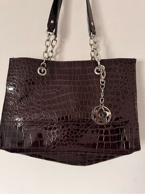 Bueno Croc-Embossed Patent Tote in Dark Brown with Silver Charm